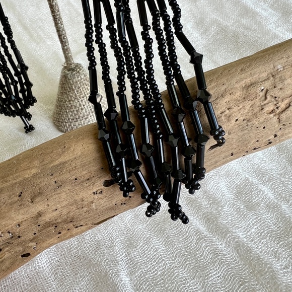 Vintage Jet Glass Beaded Shoulder Duster Earrings – 6″ Long – Sterling Hooks - Picture 3 of 8